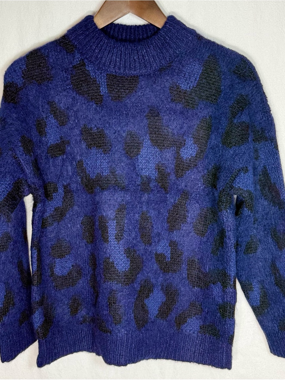 Kate Spade New York Wild Ones Leopard Alpaca Wool Sweater S Blue Black NWOT